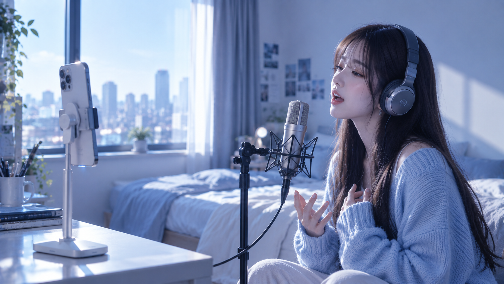마이크 앞에서 노래하는 모습