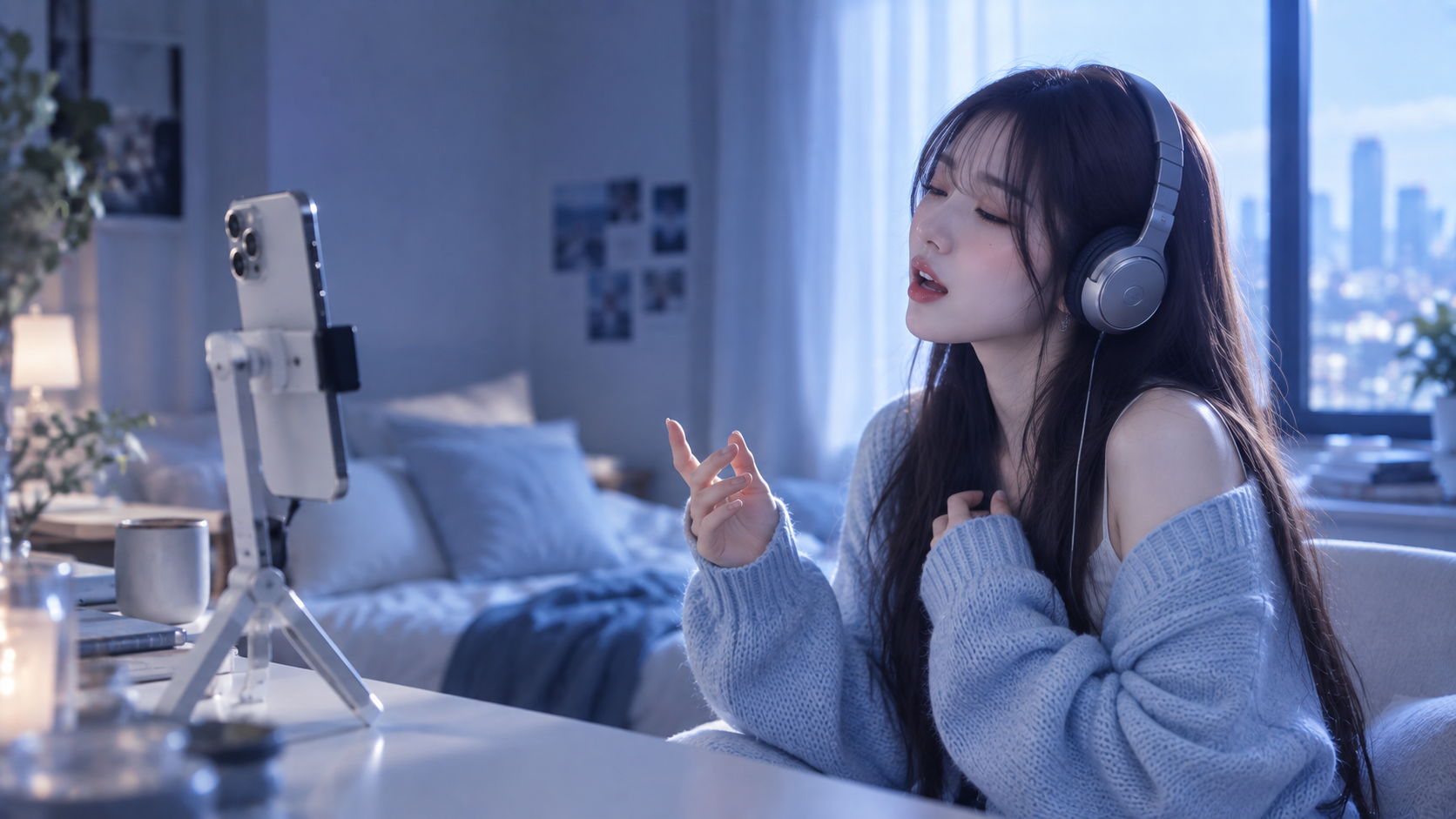 휴대폰 앞에서 노래하는 모습